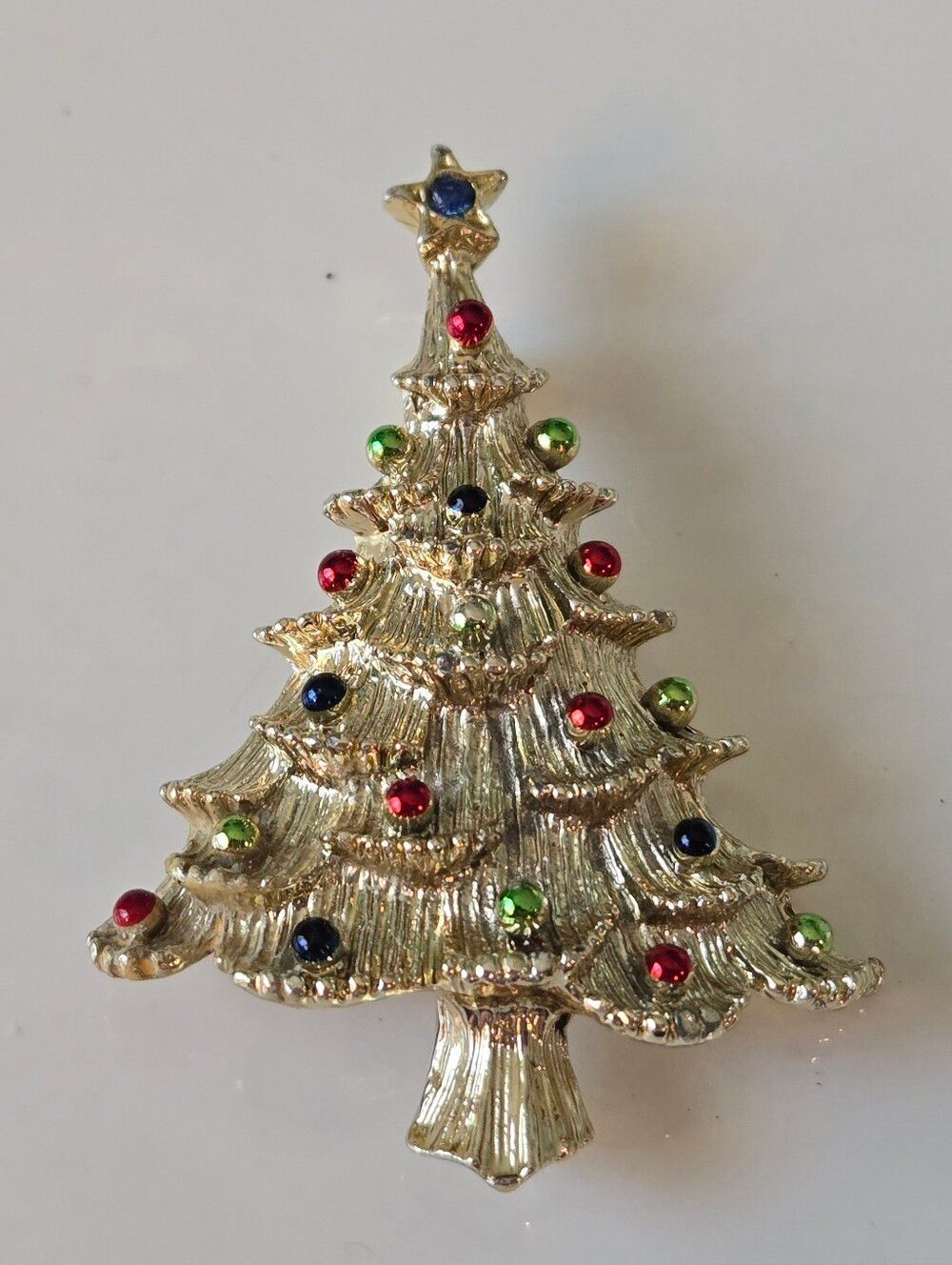 GERRY'S Gold Tone Christmas Tree Brooch with Red, Green & Blue